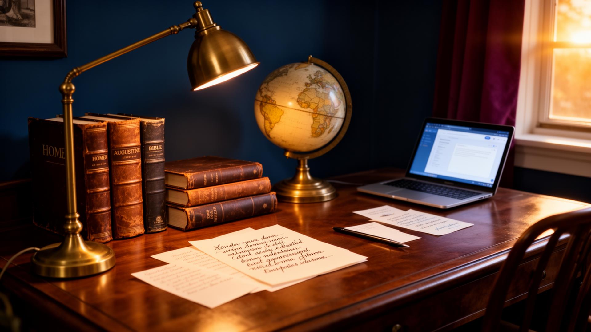A classical study with leather-bound books and a laptop